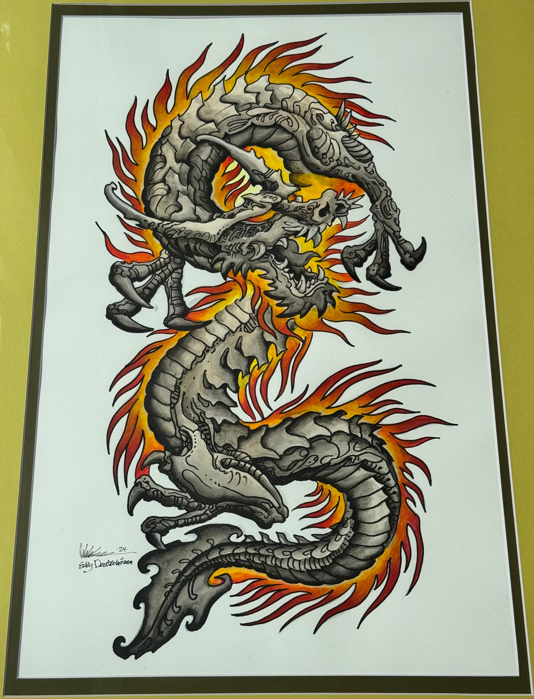 Deutsche/Aitchison Biomech Fire Dragon Original Ink & Watercolor Piece | 14x22” (plus frame)