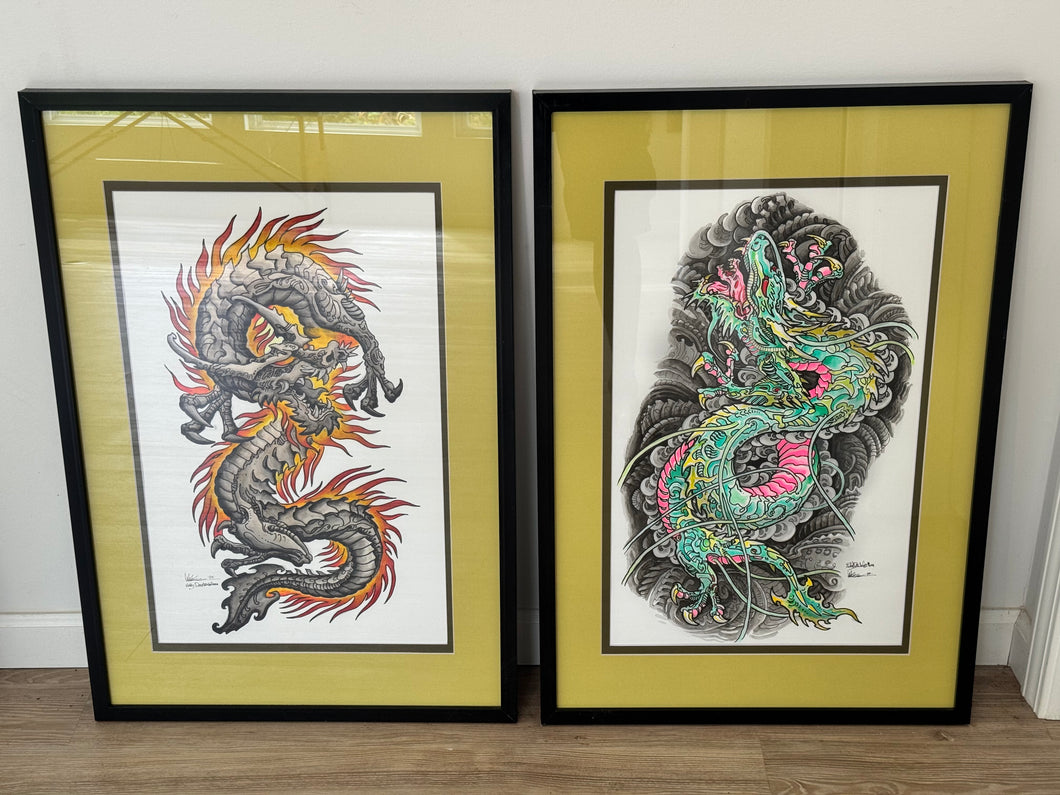 Deutsche/Aitchison Biomech Dragon Pair |Two Original Ink & Watercolor Pieces | 14x22